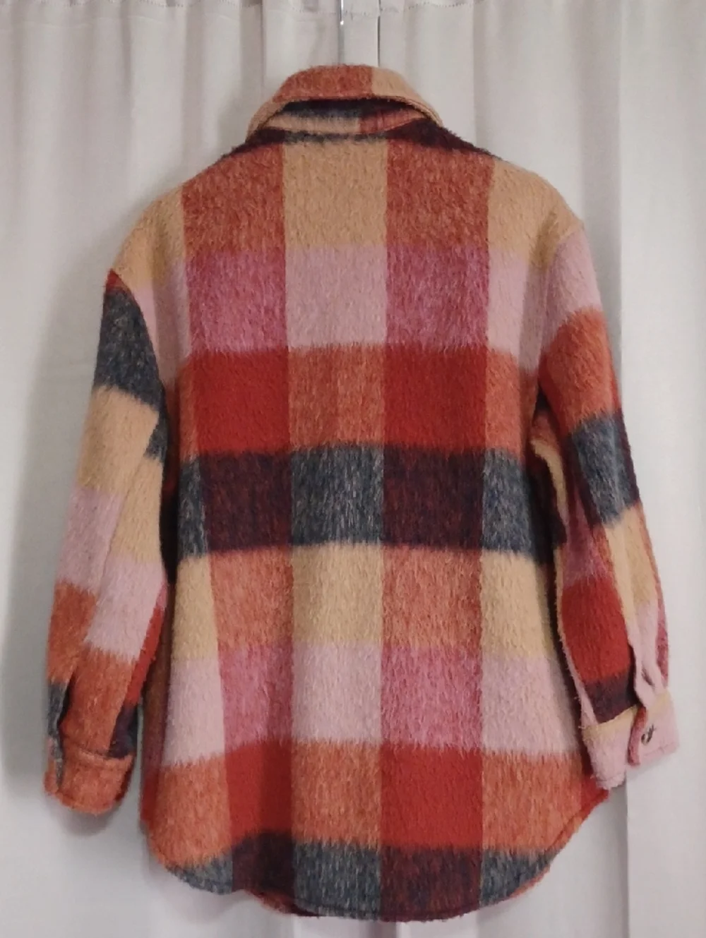 Polagram Fuzzy Plaid Checked Teddy Shacket Chore Jacket Button Front Earthtones